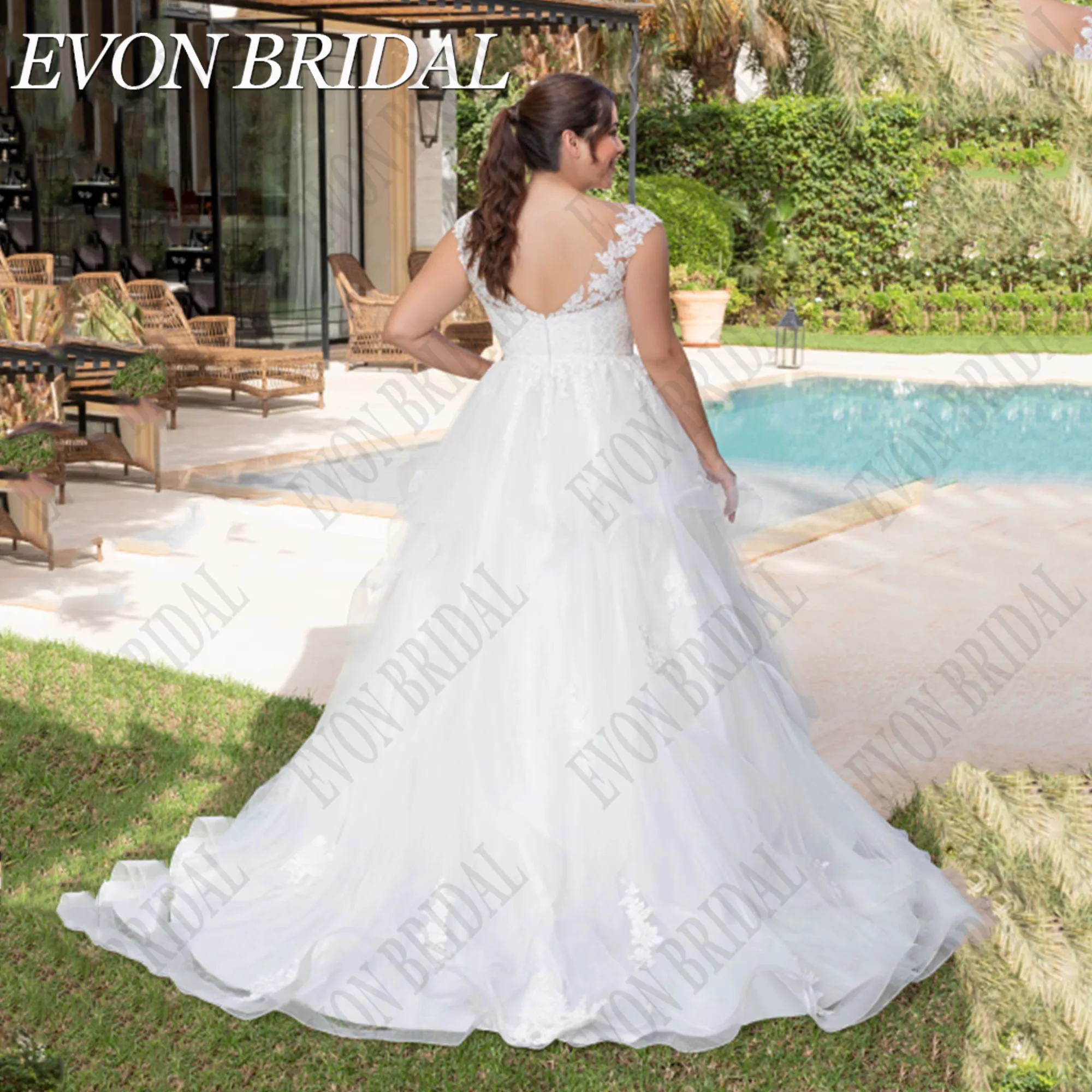 

EVON BRIDAL Spaghetti Straps Elegant Tulle Wedding Dress Plus Size A-Line V-Neck Bride Gown Applique Customized Robe De Mariée