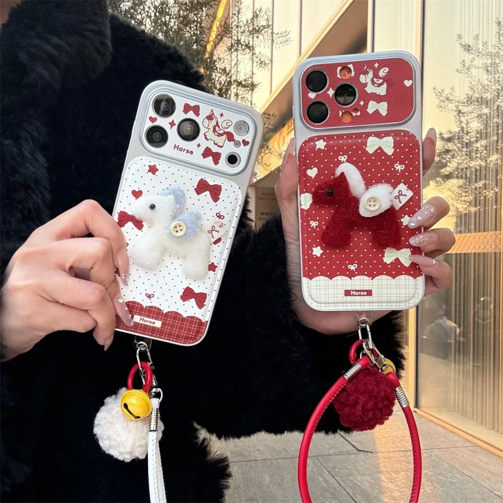 

New Cute Leather 3D Plush Pony Hanging Rope Phone Case Suitable for iPhone 17 Pro Max 15/16 Pro 14promax/13 All Inclusive Anti D