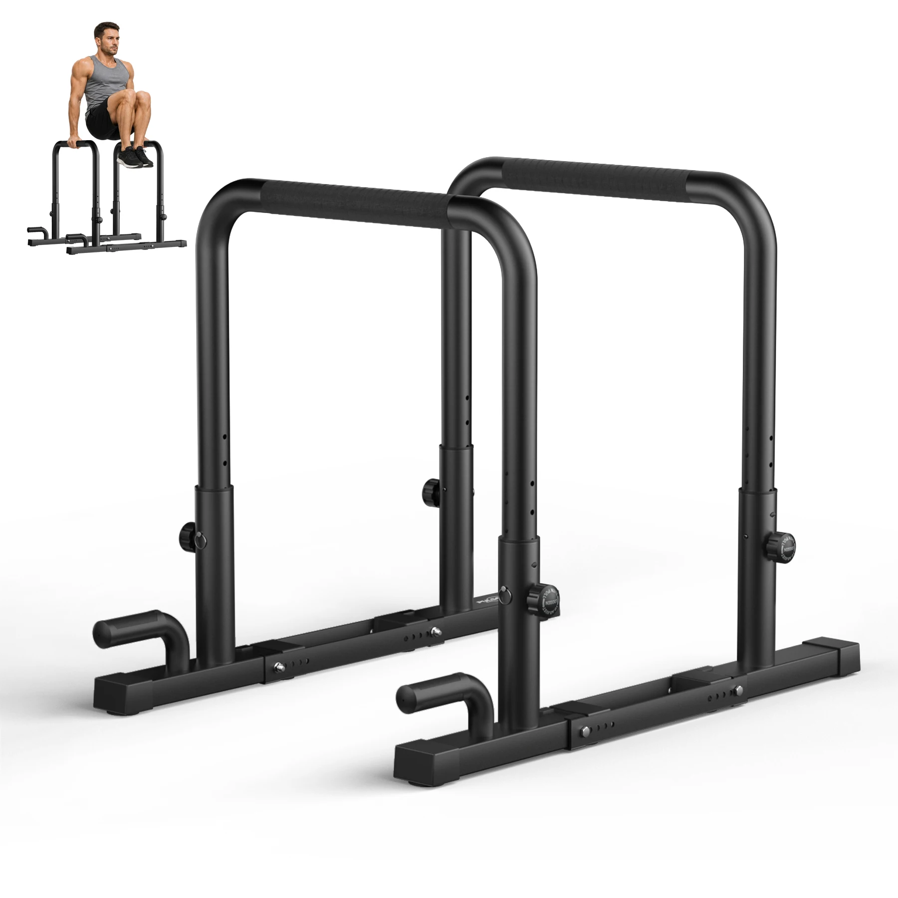 Barre parallele regolabili per allenamento a casa, con capacità di carico di 180 kg, ideali per esercizi con il peso del corpo, 5 altezze e 5 larghezze regolabili, base antiscivolo e impugnature