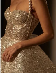 Customized Champagne Sequin Cocktail Party Dresses for Teens Sparkly Mini Pearls Spaghetti Straps Prom Dress for Girl