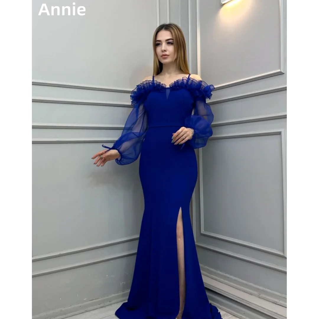 

Annie Fluffy Tulle Long Sleeves Prom Dresses Blue Four-sided Stretch Evening Dresses Side Slits Wedding Party Dresses