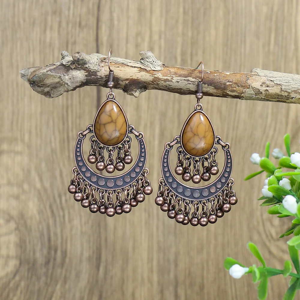 Vintage Ethnic Style Geometric Natural Wooden Tassel Earrings for Women Boho Long Hollow Beads Dangle Earrings Jhumka Jewelry