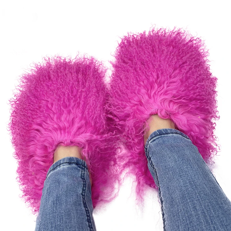 

Luxury Home Women Full Fur Slippers Winter Warm Plush Non-Slip Ladies Curly Hair Lamb Fur Indoor Slippers