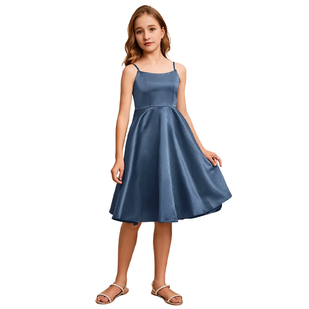 Платье трапециевидной формы для юных подружек невесты, платье с цветочным узором для девочек, атласное платье с овальным вырезом до колена, детское платье для девочек, свадебная вечеринка, официальное мероприятие