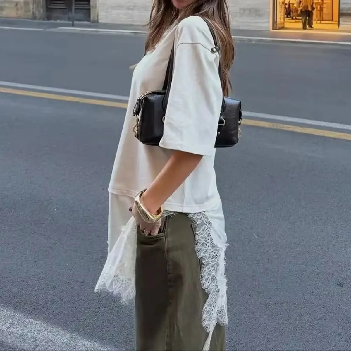 Y2k Irregular T Shirts Lace Patchwork Women Elegant O-Neck Short Sleeve Women's Shirt Vintage Street Lady Pullover Loose Clothes