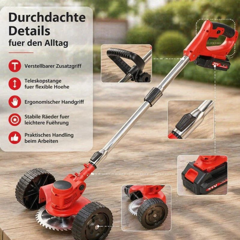 21V Kabelloser Rasenmäher mit Rädern und 2 Akkus, Roter Bürstenreiniger zum Schneiden und Formen von Gartengrenzen