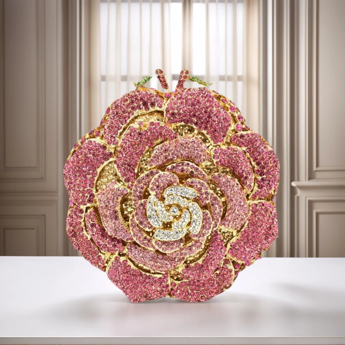 

Elegant Women Round Flower Rhinestone Evening Bag Chic Rose Crystal Clutch Purse Bridal Wedding Handbag for Prom Cocktail