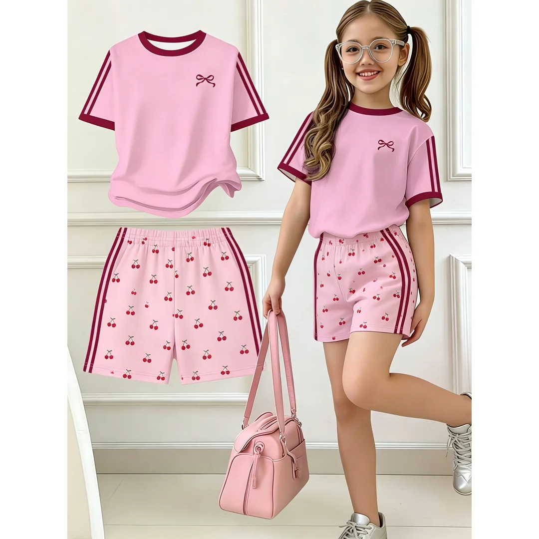 Kinder-Sommer-2-Teiler-Outfit: T-Shirt mit Schleifenstickerei und Streifenmuster, kurzen Ärmeln und Shorts mit elastischem Bund für Mädchen, Sport- und Freizeitkleidung für den Alltag. – Detail 10