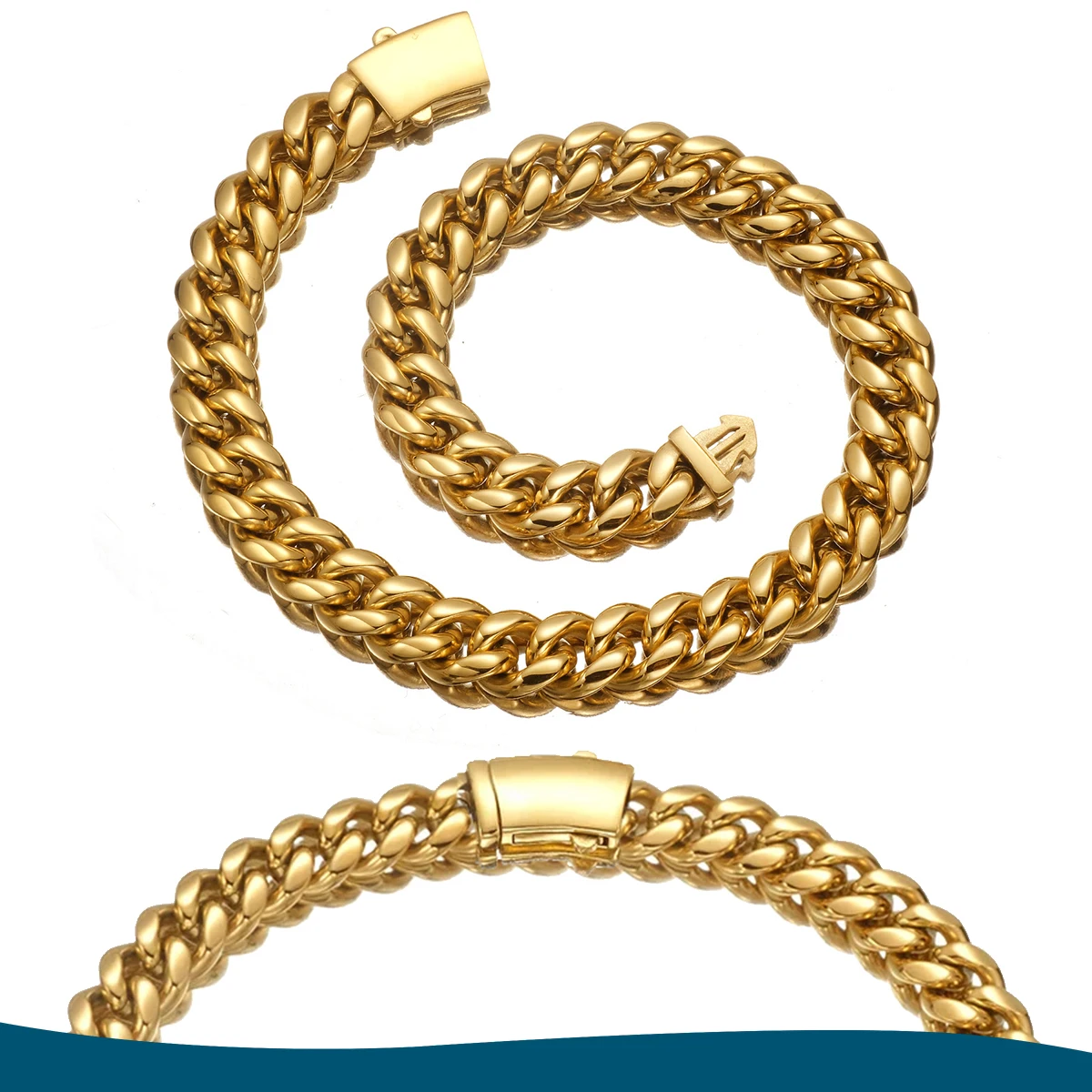 

10MM Gold Miami Cuban Link Chain Bracelet & Necklace for Men, Stainless Steel Hip Hop Jewelry with Quick Release Clasp, 7.5"-30"