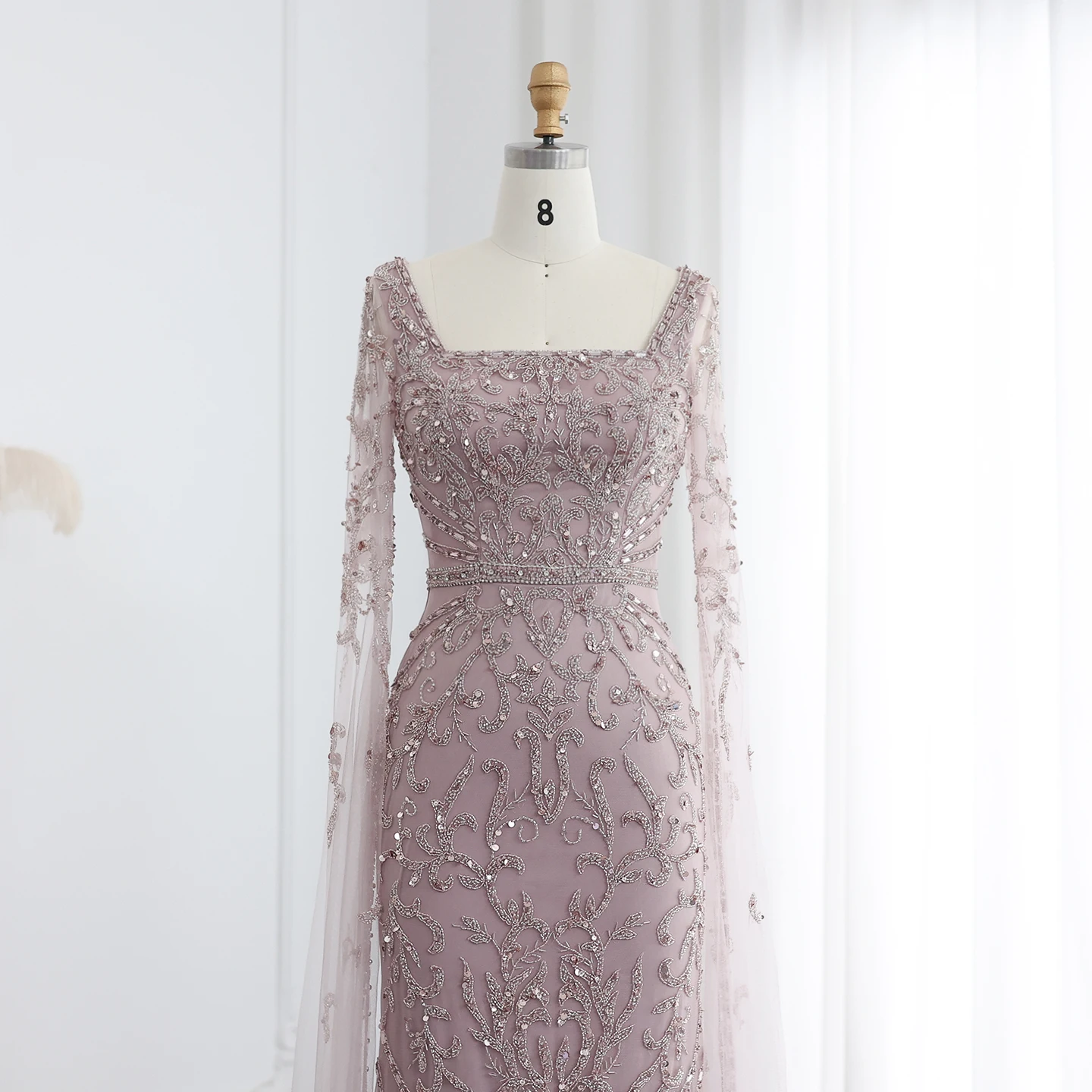 Sharon Said 2026 Luxuriöses Arabisches Türkisfarbenes Abendkleid mit Cape-Ärmeln, Quadratischem Ausschnitt, Arabian Nights Ballkleid SS469 Maßanfertigung – Detail 15
