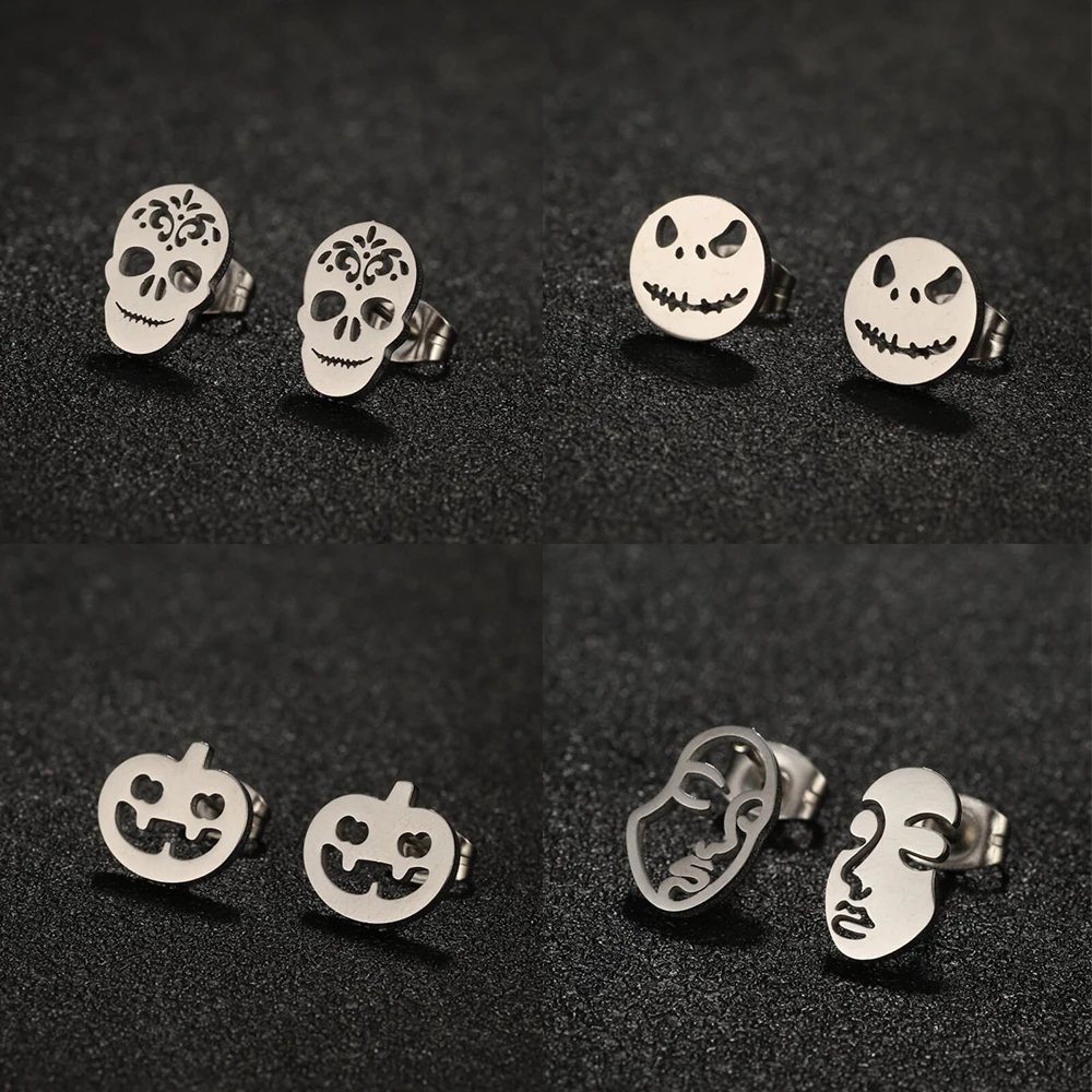 Punk Skull Stainless Steel Stud Earring For Women Cartoon Pumpkin Halloween Scary Decoration Surgical Steel Piercing Earring