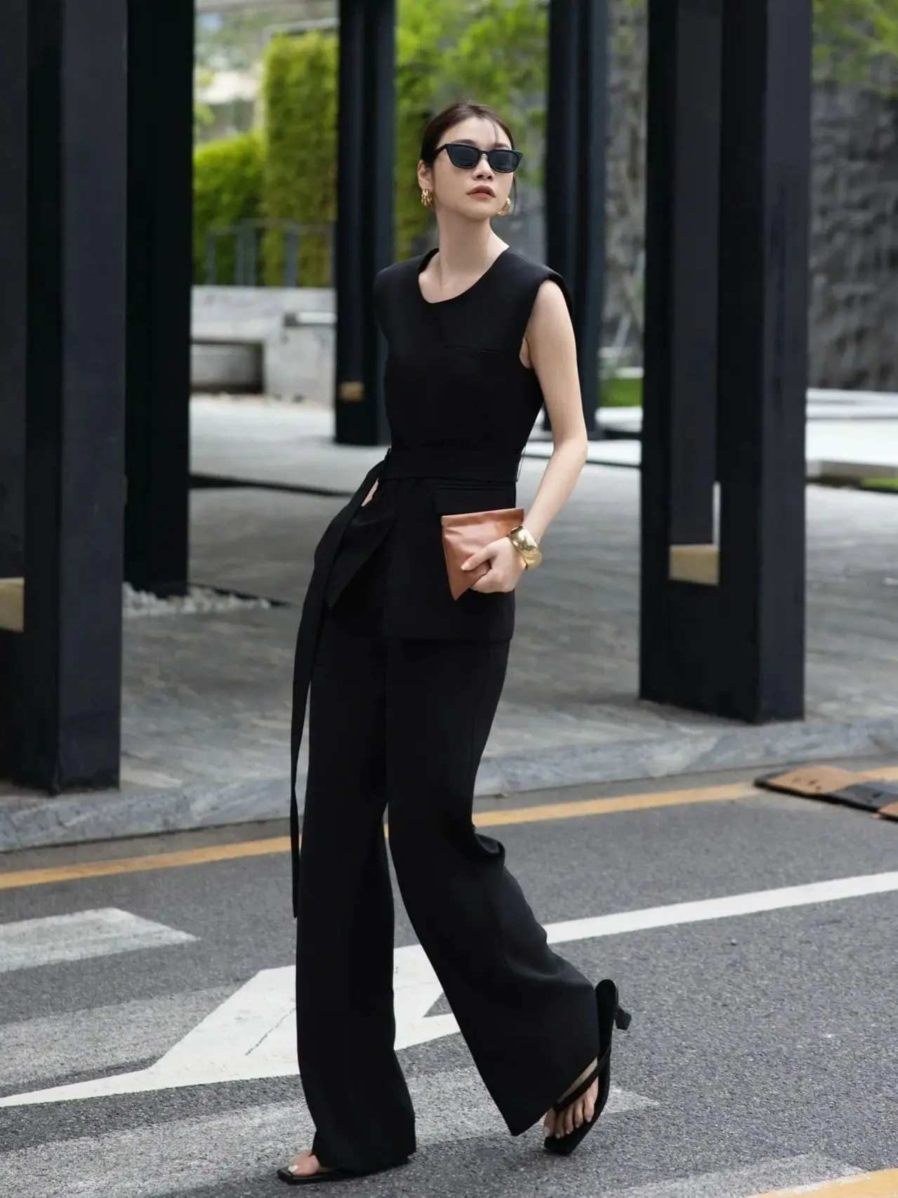 

Summer minimal women's pure cotton classic slear lines trouser suit
