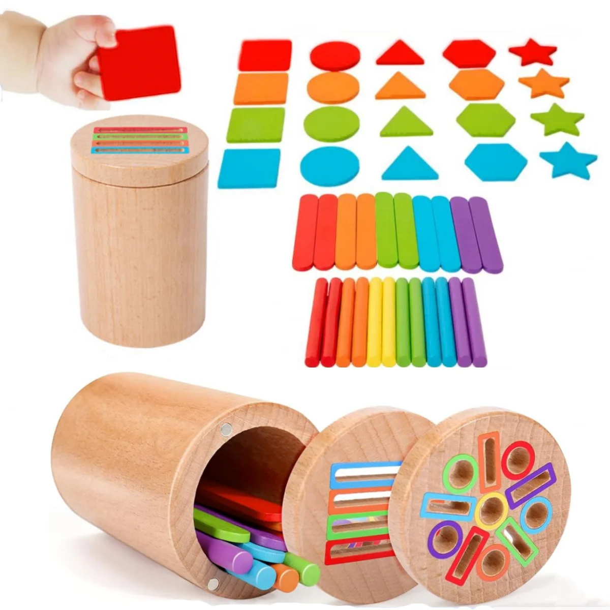 Montessori Toys for Toddlers Wooden 3 in 1 Color Sort Cup Early Educational Toy Shape Matching Fine Motor Toy Count Puzzle Gifts