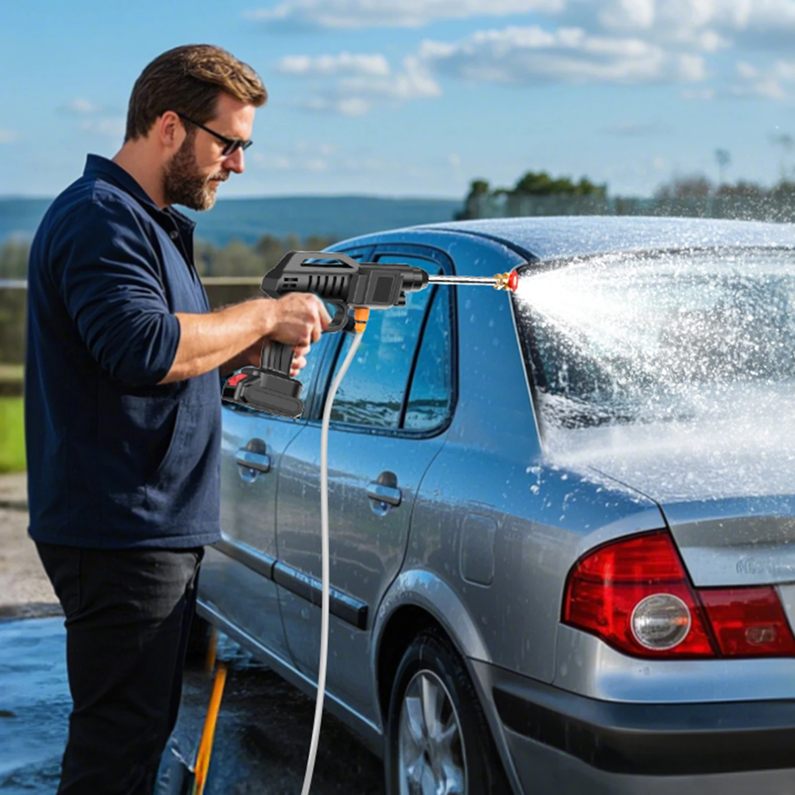 Nettoyeur haute pression 50 bars, pistolet à eau électrique sans fil avec bouteille à mousse, machine de nettoyage pour lavage de voiture, irrigation de jardin