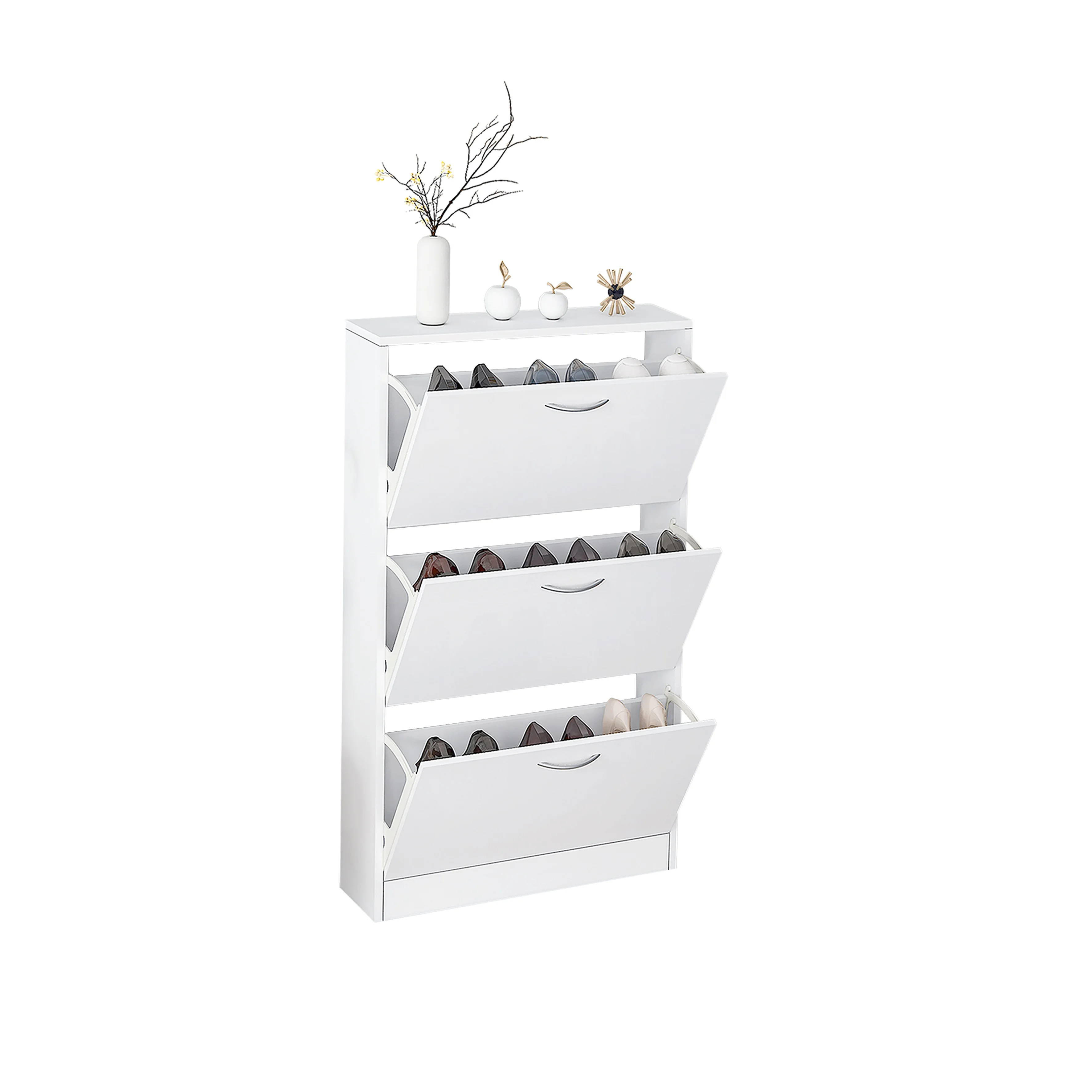 Shoe Cabinet for Entryway White Narrow Shoe Storage Cabinet Flip Down Shoe Rack Wood 3 Tier Shoe Organizer for Home & Apartment