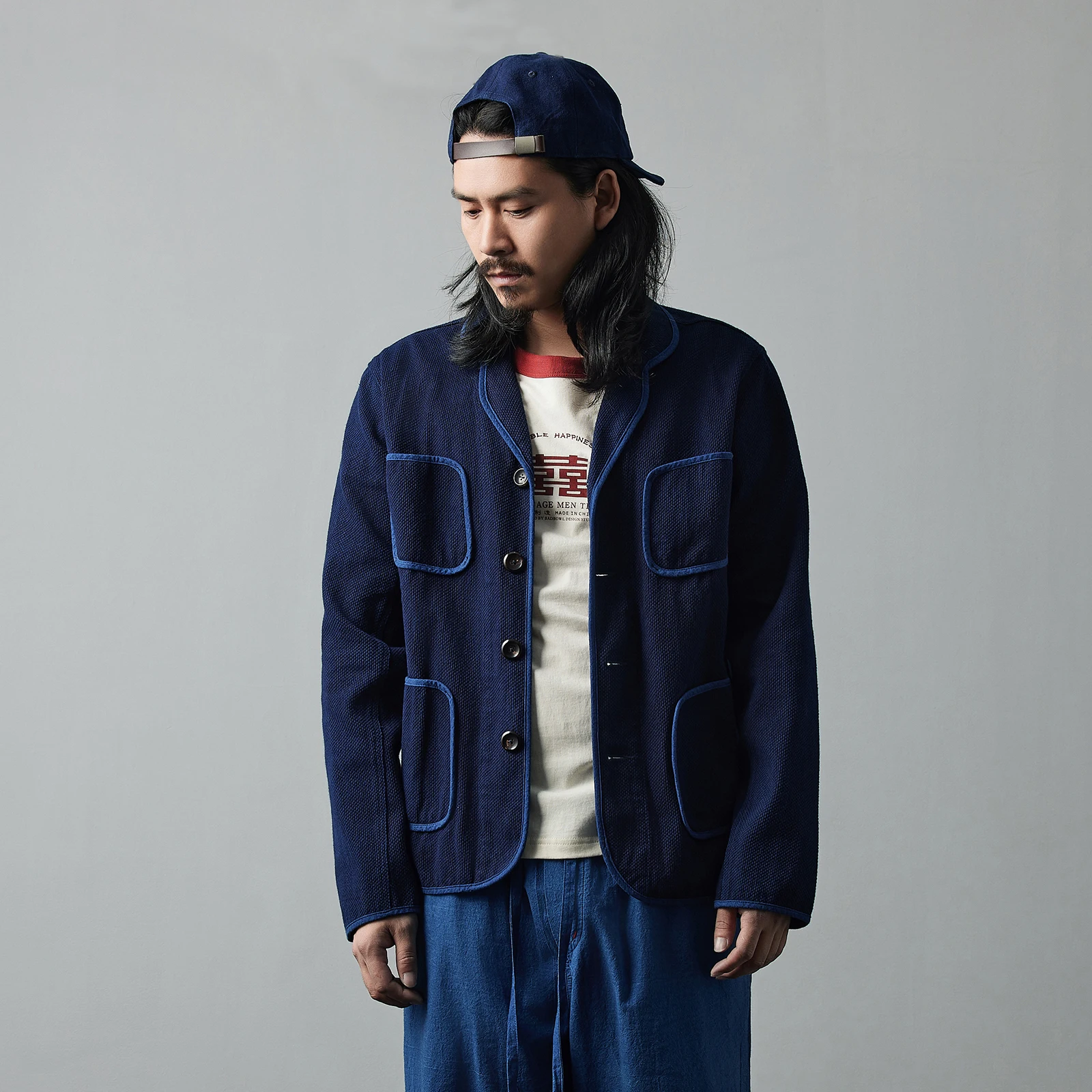

Men’s Indigo Dyed Workwear Jacket High Quality Vintage Style Cotton Casual Streetwear Multiple Pockets Utility Coat