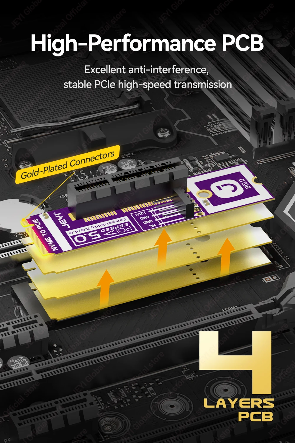 JEYI M.2 zu PCIe 5.0 X4 Adapterkarte 128Gb/s Hochgeschwindigkeitsübertragung Kompatibel mit PCIe X1/X4/X8/X16 Steckplätzen – Detail 2