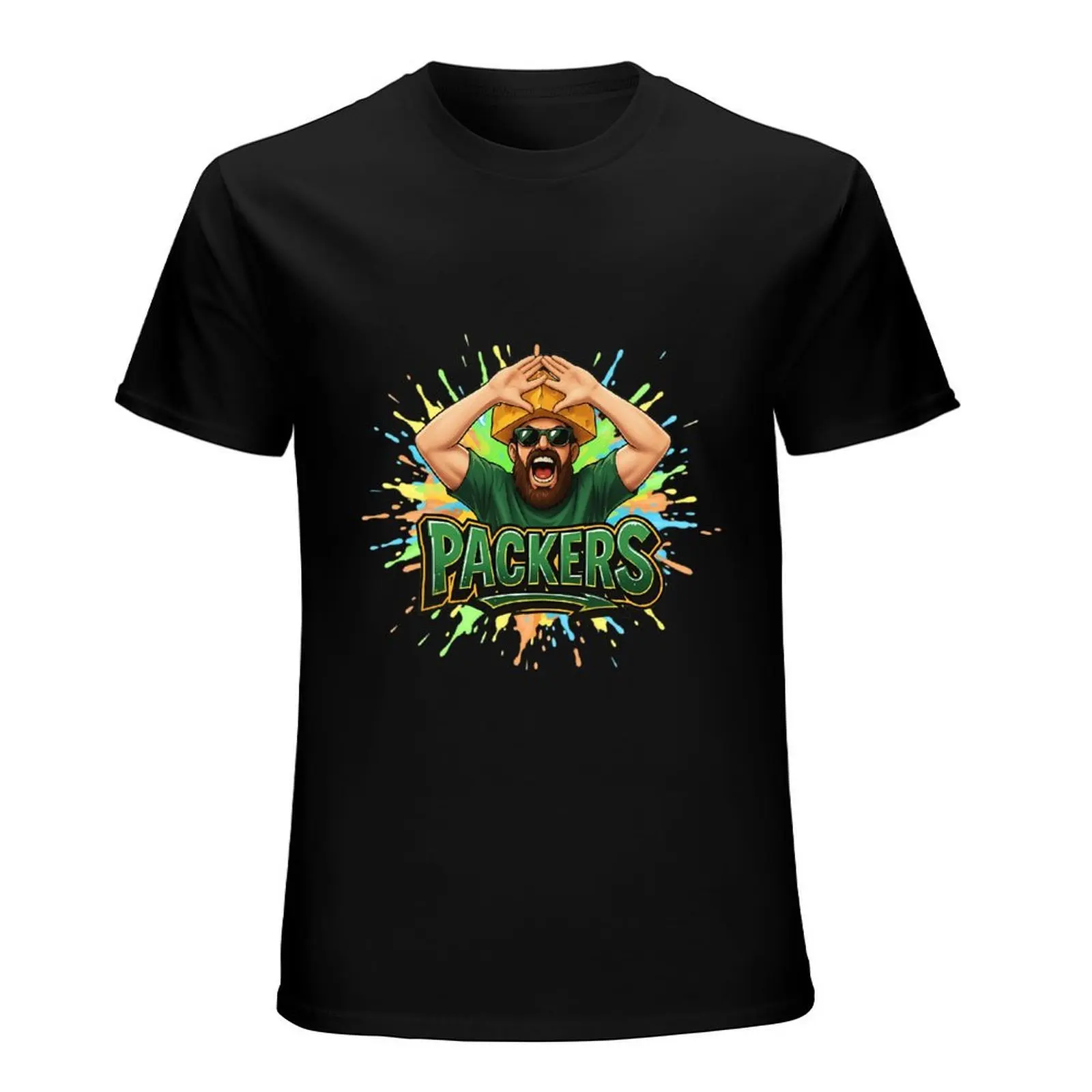 Colorful Paint Splatter Cheese Head Fan Packers Graphic T-Shirt Men Black Cotton Crew Neck Football Tee