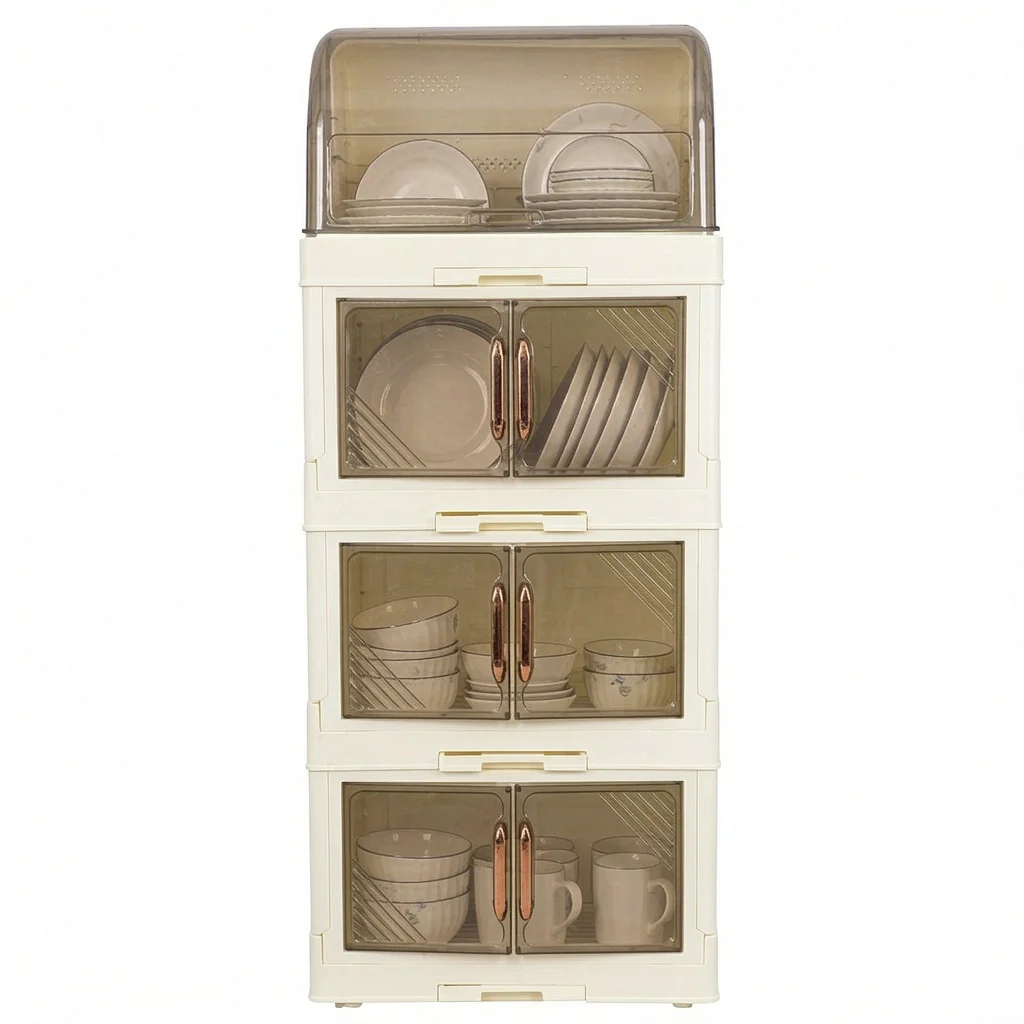 4-laags opvouwbare keukenorganizer voor borden en kopjes met transparante deur en dubbele deuren – XL capaciteit, ruimtebesparend, directe montage