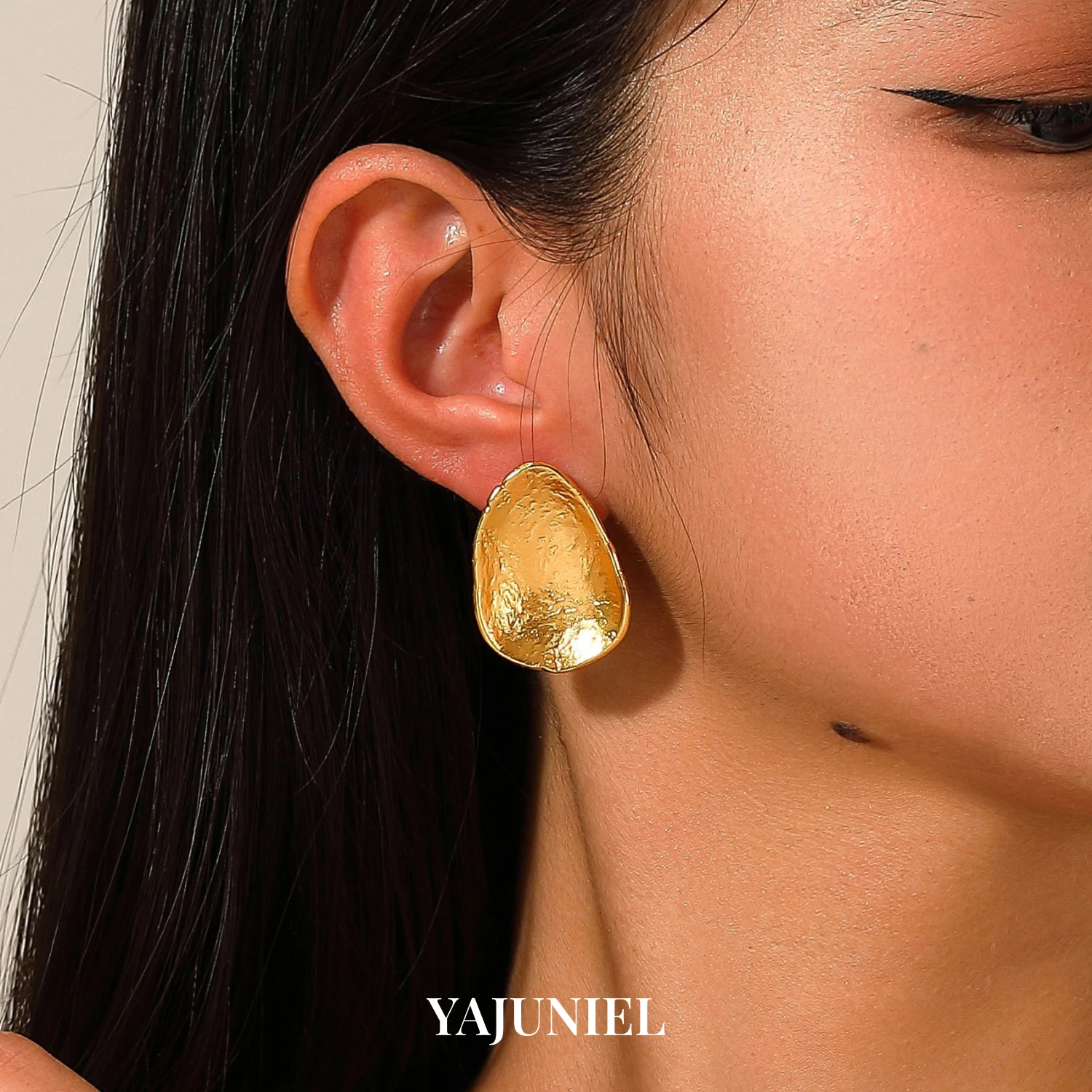 

YAJUNIEL 24K Gold Plated Hammered Stud Earrings for Women Hypoallergenic Brass Textured Organic Shaped Statement Earrings