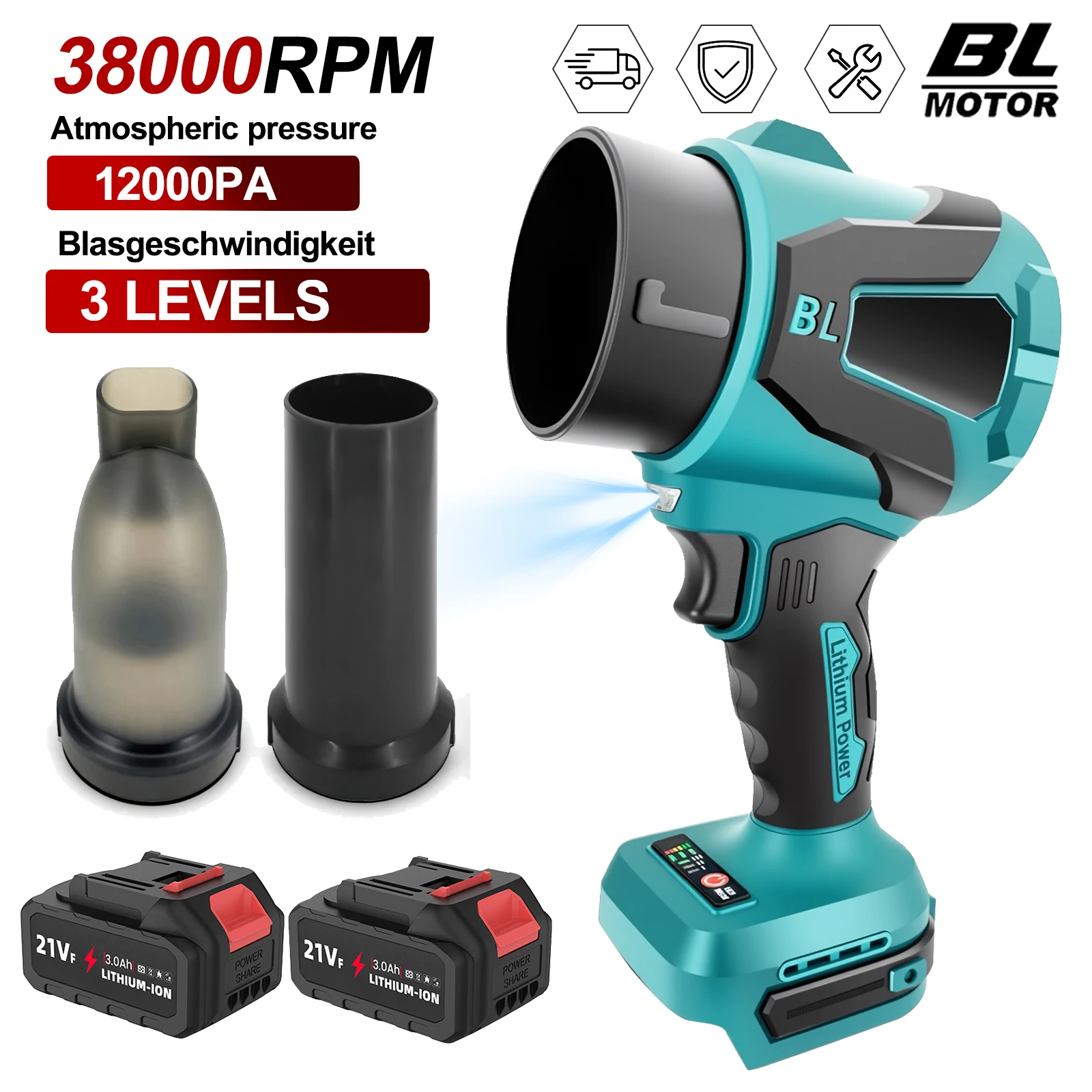 Souffleur à feuilles électrique sans balais 38000 tr/min, souffleur et aspirateur 2-en-1 à 3 vitesses, aspiration 12000 Pa et puissance d'air 1100 g pour le nettoyage de jardin/voiture/atelier