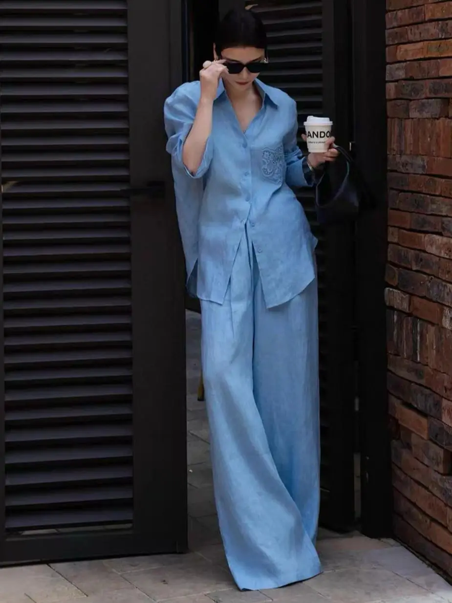 

Elegant minimal solid color women's linen pants suit