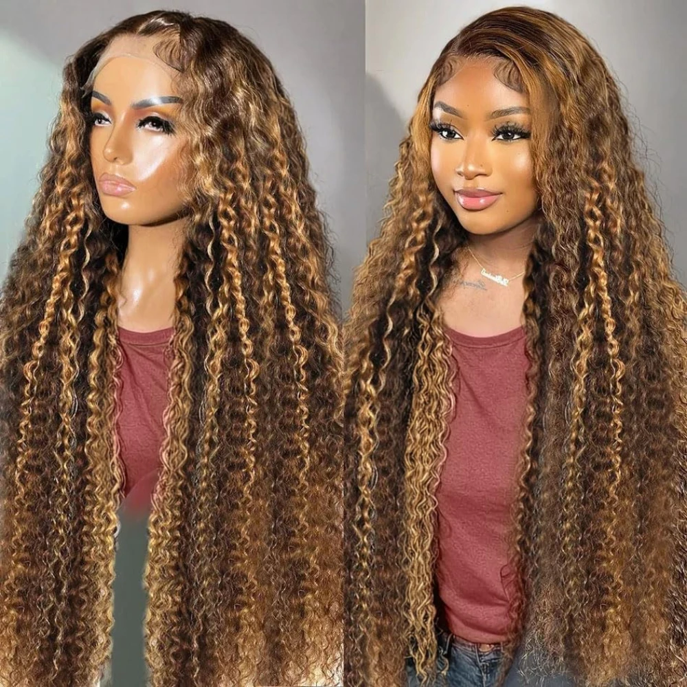 

5x5 Highlight Ombre 16-34 дюймов Парик фронтальной части шнурка Вьющиеся человеческие волосы Парики P427 Цветные бразильские свободные глубокие волны 13x4 Парик фронта шнурка