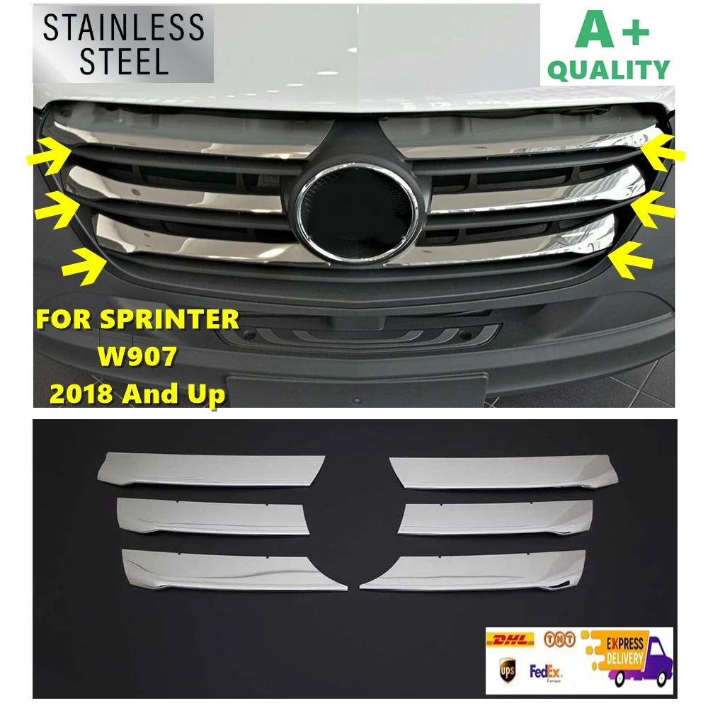 

Chrome Front Grill 6 Pcs Wide Model For Mercedes Sprinter W907. Models 2018 And Up. Stainless Steel. A+ Quality.