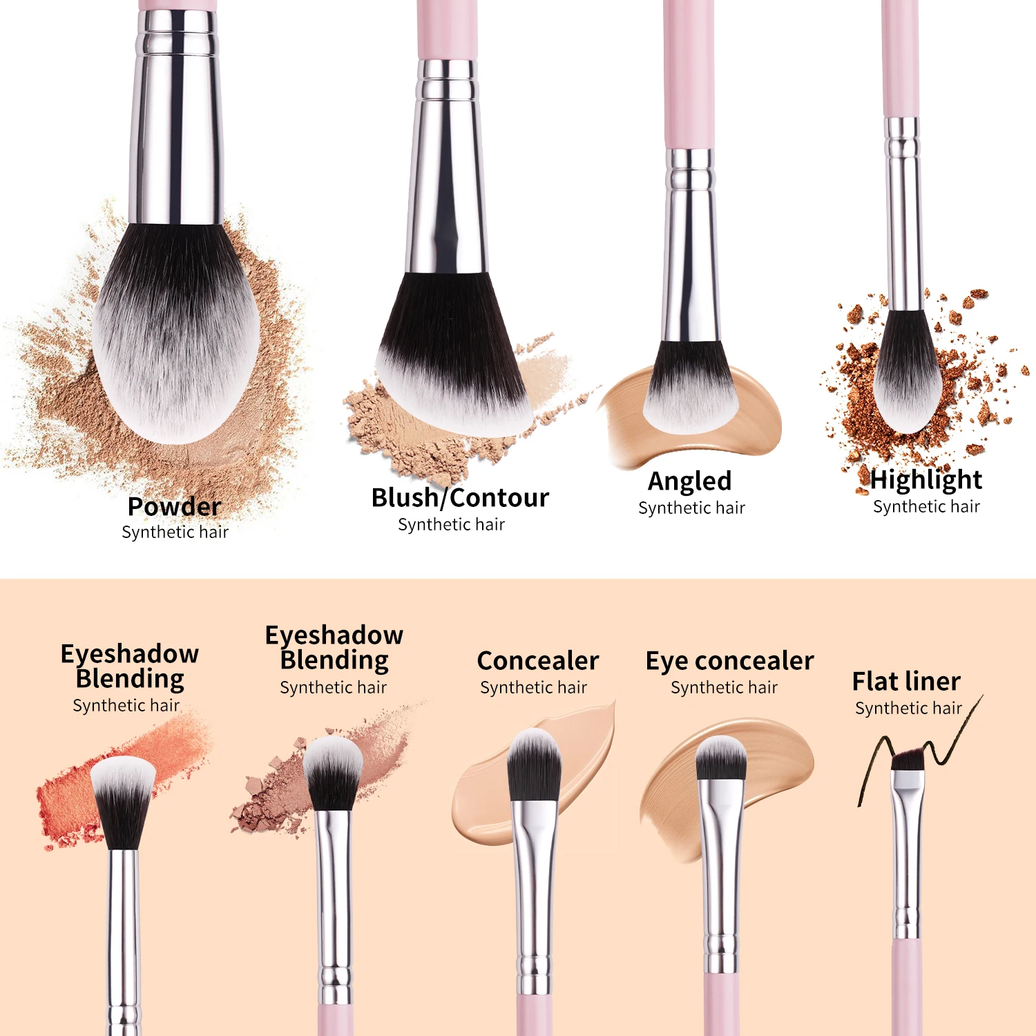 BEILI Makeup Brush Set Baby-Pink-Sliver Professional Synthetic Hair Eyeshadow Powder Eyeliner Cosmetic Tools 8-10pcs