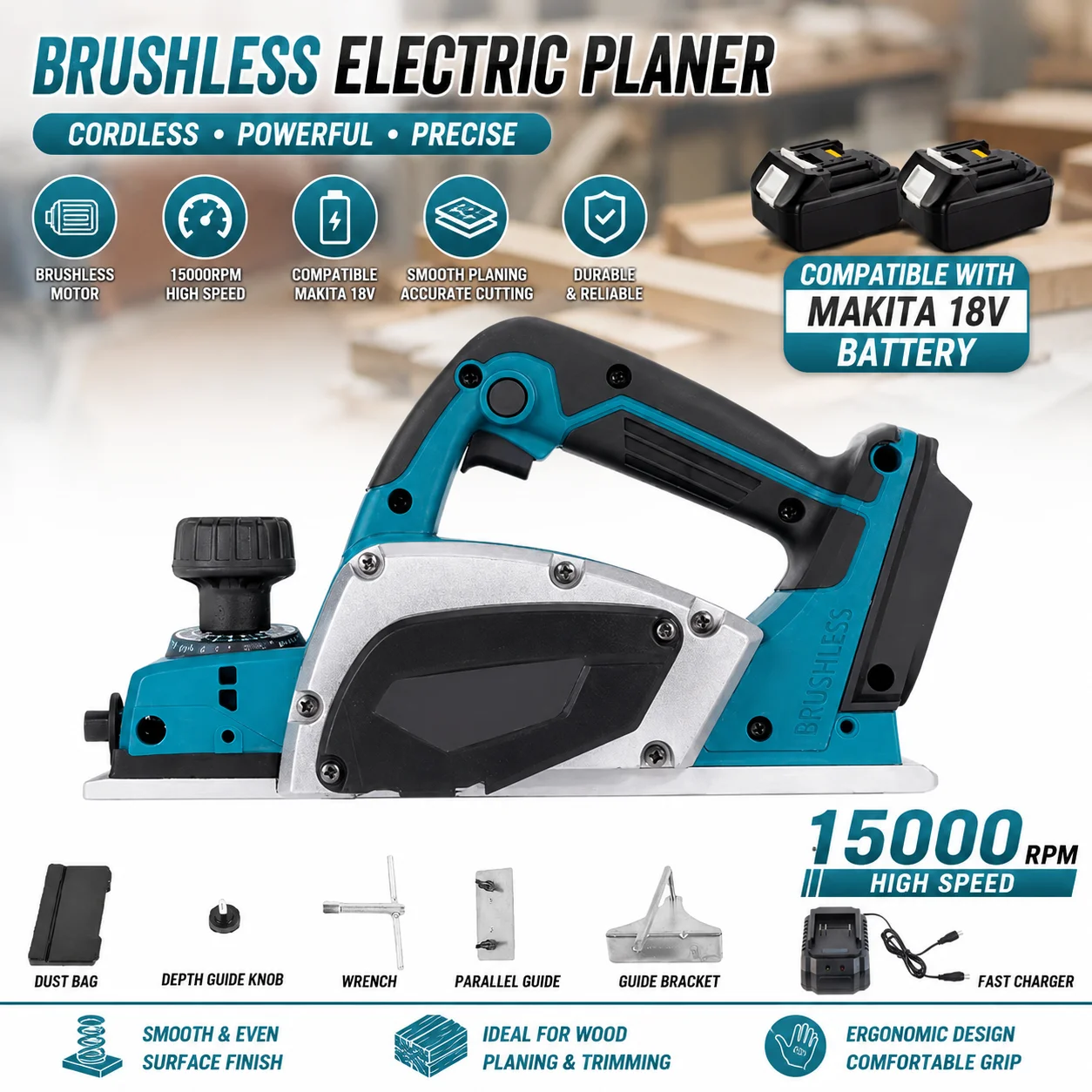 Bürstenloser elektrischer Hobel, 15000 U/min, kabellose Hand-Holzhobelmaschine, Schneidwerkzeug, Fräsen, Gravieren, für Makita 18 V Akku