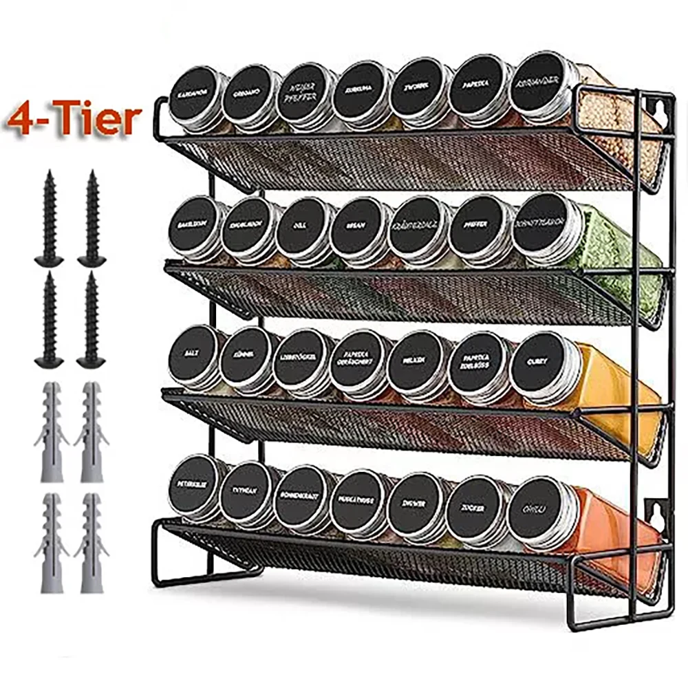 4 Tier Spice Rack Organizer Kitchen Countertop Space-Saving for Cabinet Herb Jars Storage Holder Wall Mounted