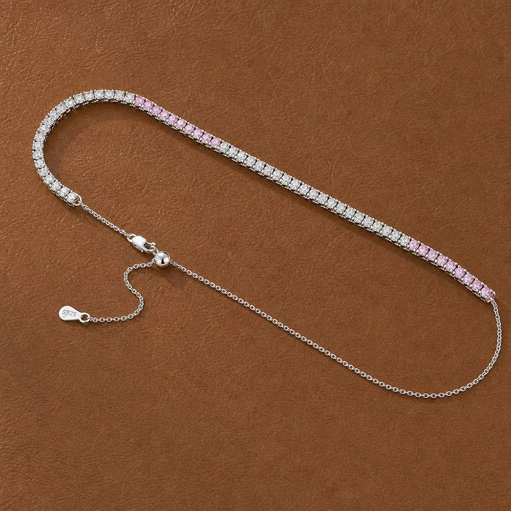 YLMYself 925 Sterling Silver Tennis Choker CZ 3mm Graduated Pink White Zircon Adjustable 16 Inch