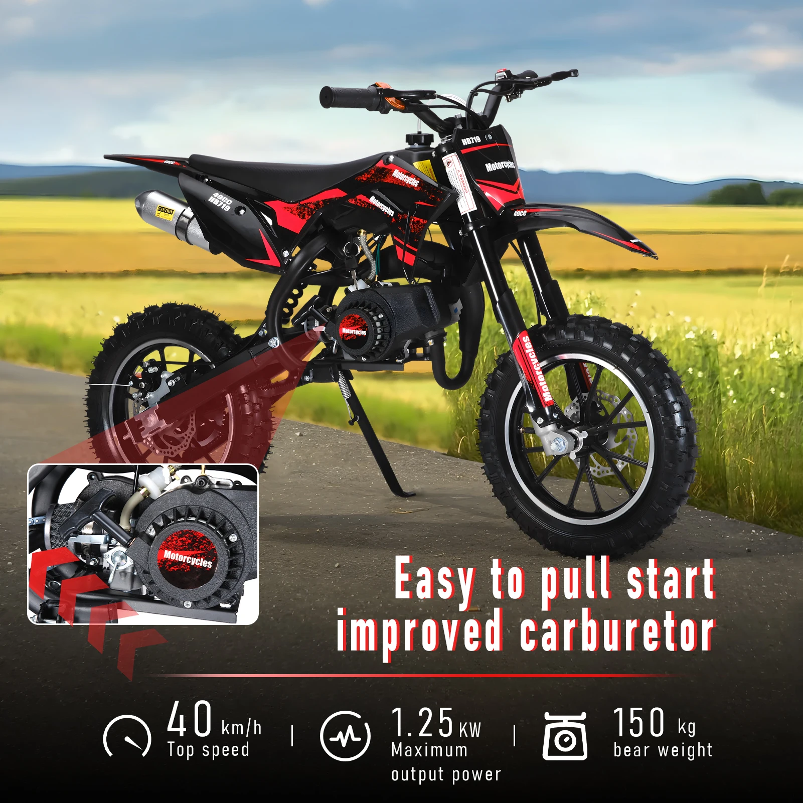 49cc 2-Stroke Kid Dirt Bike, Gas Power Motocross, Mountain Off Road Motorcycle, Pocket Motorbike with 10 Inches Wheels, 25MPH