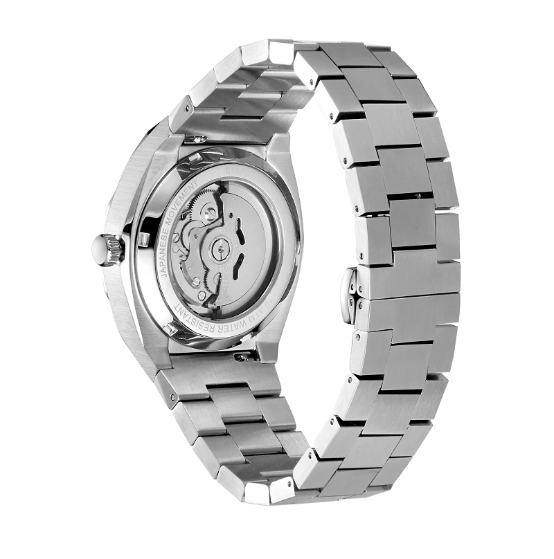 หรูหราสีดําสแตนเลส 5ATM กันน้ํา Japan Movement Men นาฬิกากลไกอัตโนมัติ