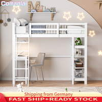 Comanlai Loft Bed 90x200 cm,Single Bed with Underbed Storage Space, with 4 Storage Compartments and Under Bed Desk, with Ladder