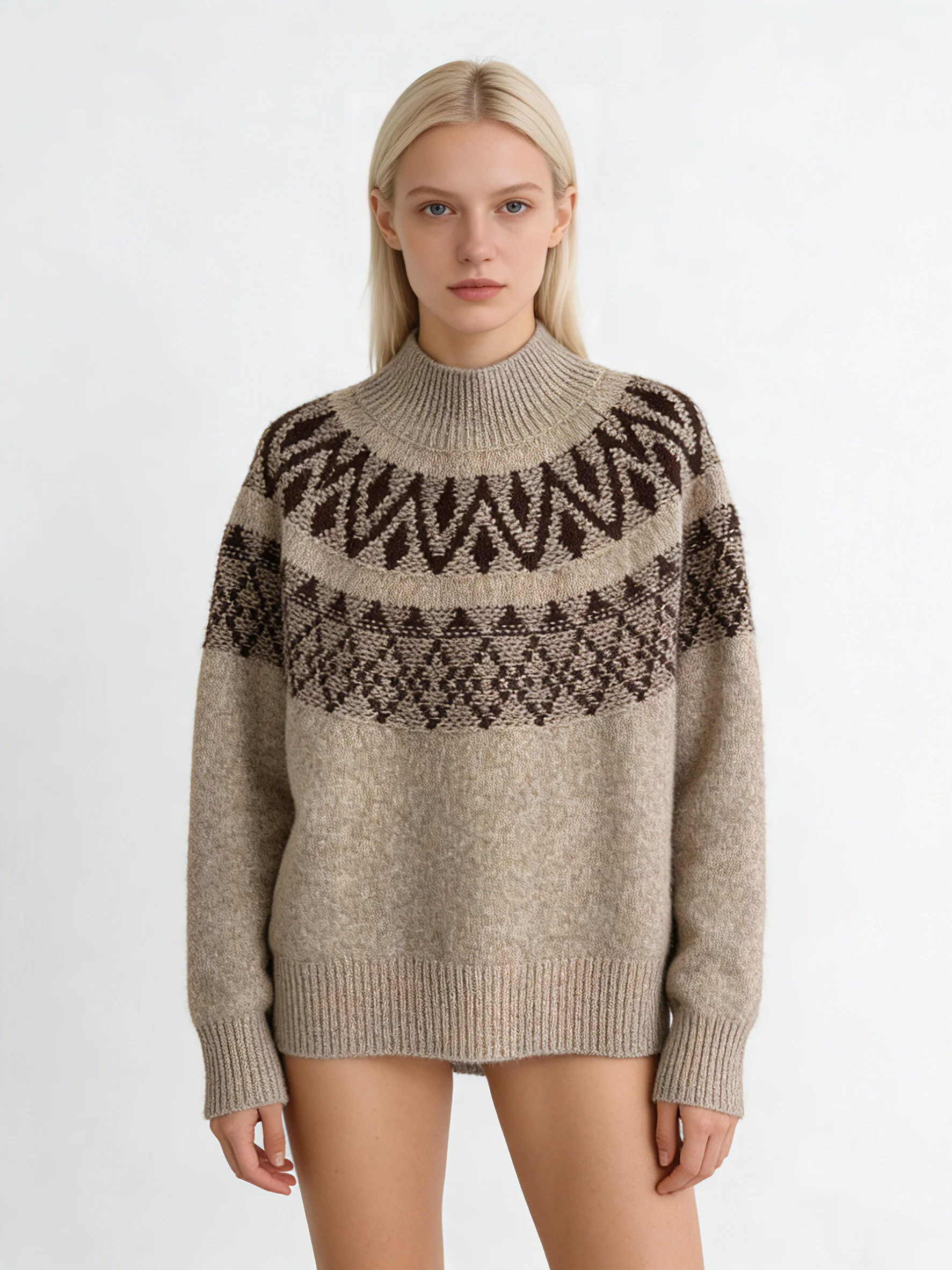 

Женский винтажный свитер из 100% кашемира с жаккардовым узором, бежевый, с полувысоким воротом, свободный, с длинными рукавами, пуловер