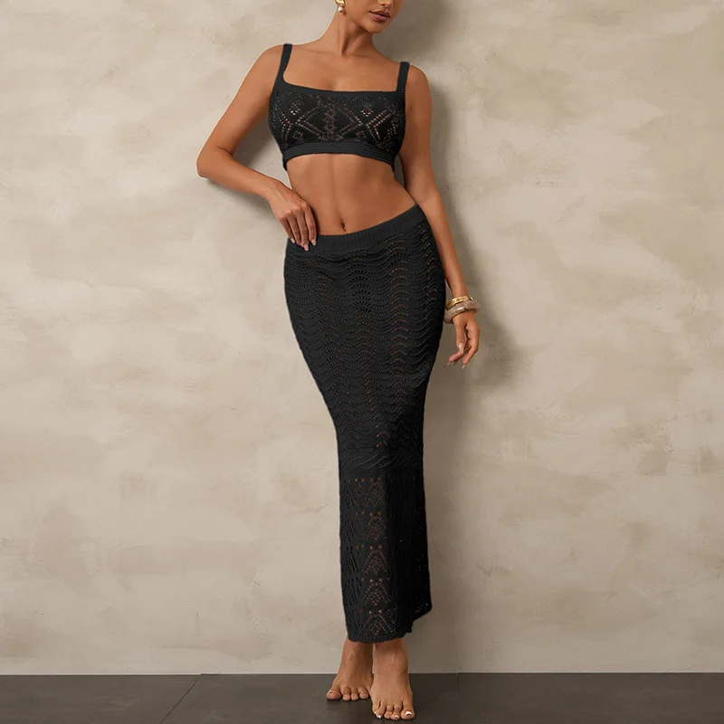 2 Pcs Women's Knit Bikini Cover up Set Sexy Hollow out Crop Top And High Waist Skirt Bottom Wrap Long Beach Dress Swimwear