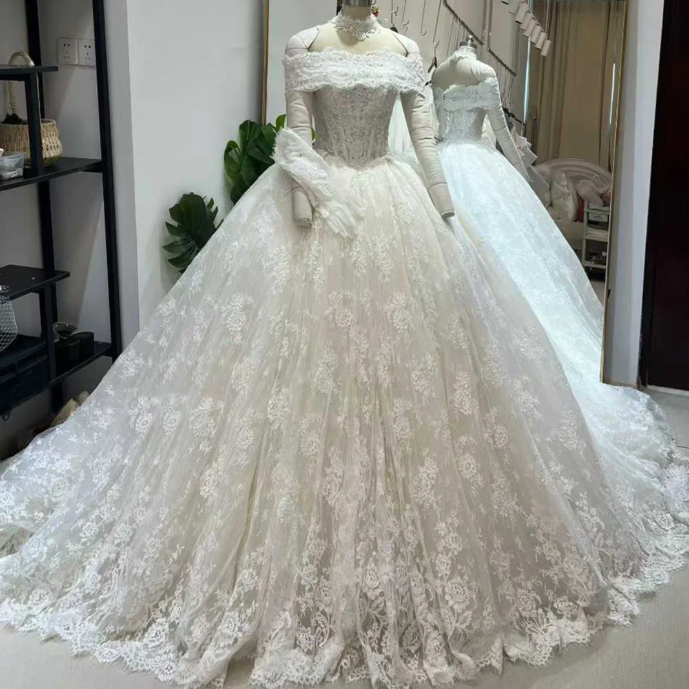 Lace Wedding Dress Sweetheart With Detachable Neckline Gloves Lace Up Back Ball Gown Vestidos Feminino Elegante