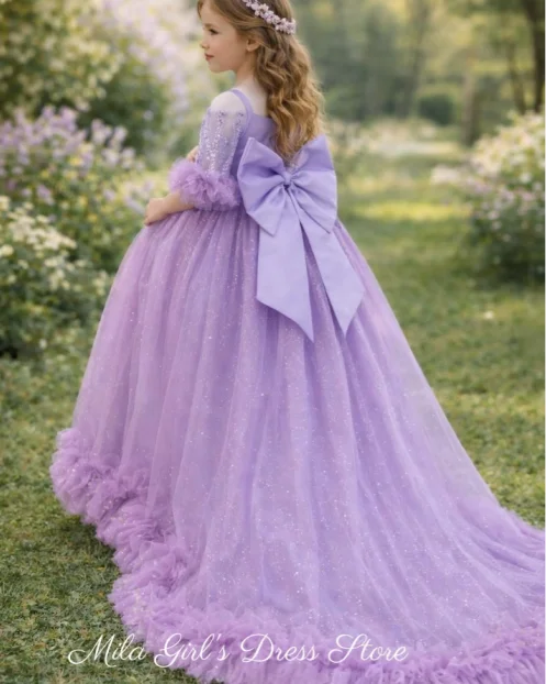 Baby Girls Sequin Purple Flower Girl Dresses For Wedding Toddlers Off Shoulder Princess Pageant Dress Kids Tulle Party Ball Gown