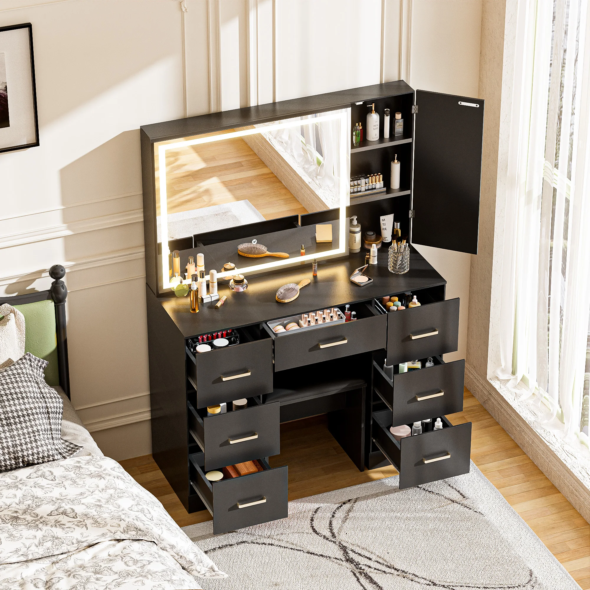 طاولة زينة خشبية مع مقعد/7 أدراج/مرآة/سطوع قابل للتعديل مناسبة لغرفة النوم وغرفة الملابس المنزلية