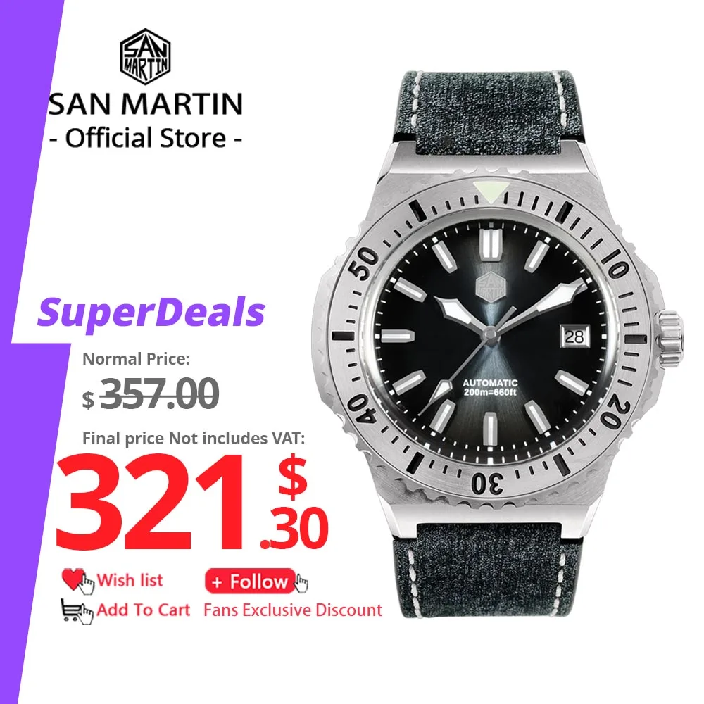 San Martin 42mm Luxury Men Diver Watch High Quality Vintage Automatic Mechanical Business Watches Sapphire Leather 20 Bar SN0055