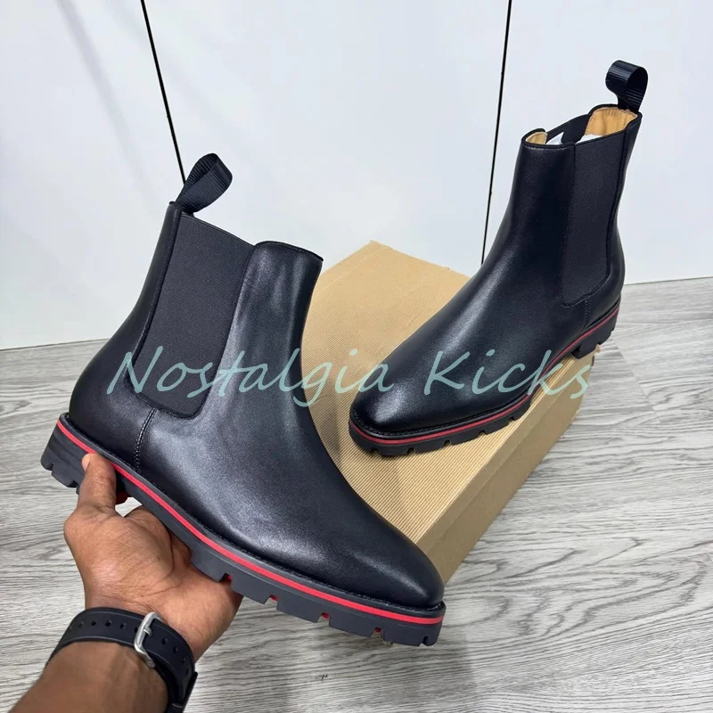 Autumn Designer Black Cow Leather Chelsea Boots Vintage Elastic Pull On Design Anti-Slip Rubber Sole Men's Casual Ankle Boots