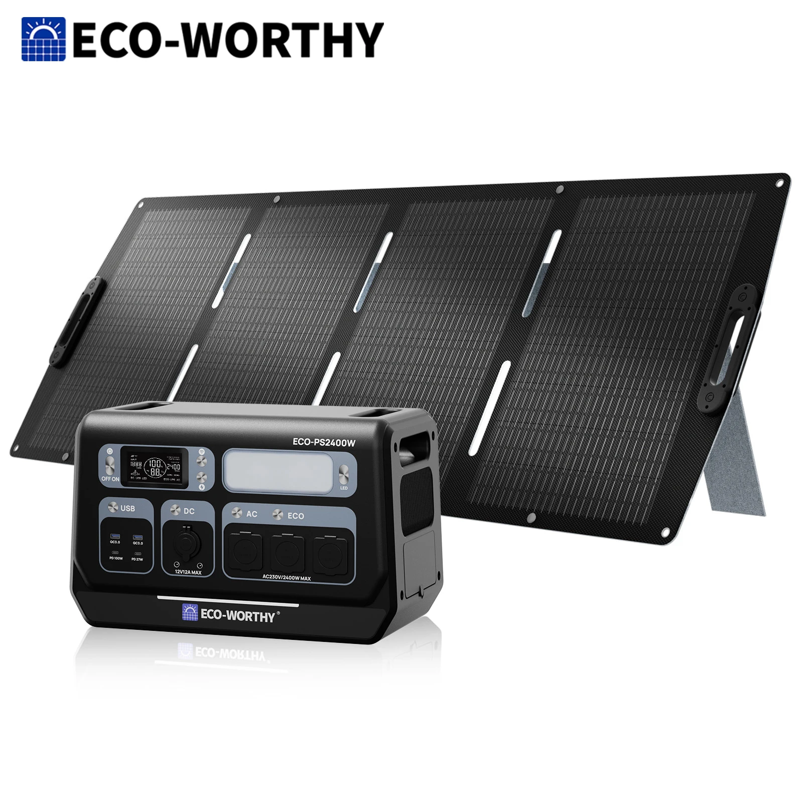 ECO-WORTHY  200W Portable Solar Panel and PS 2400W Power Station 2048Wh LiFePO4 Battery, for RV  Off Grid