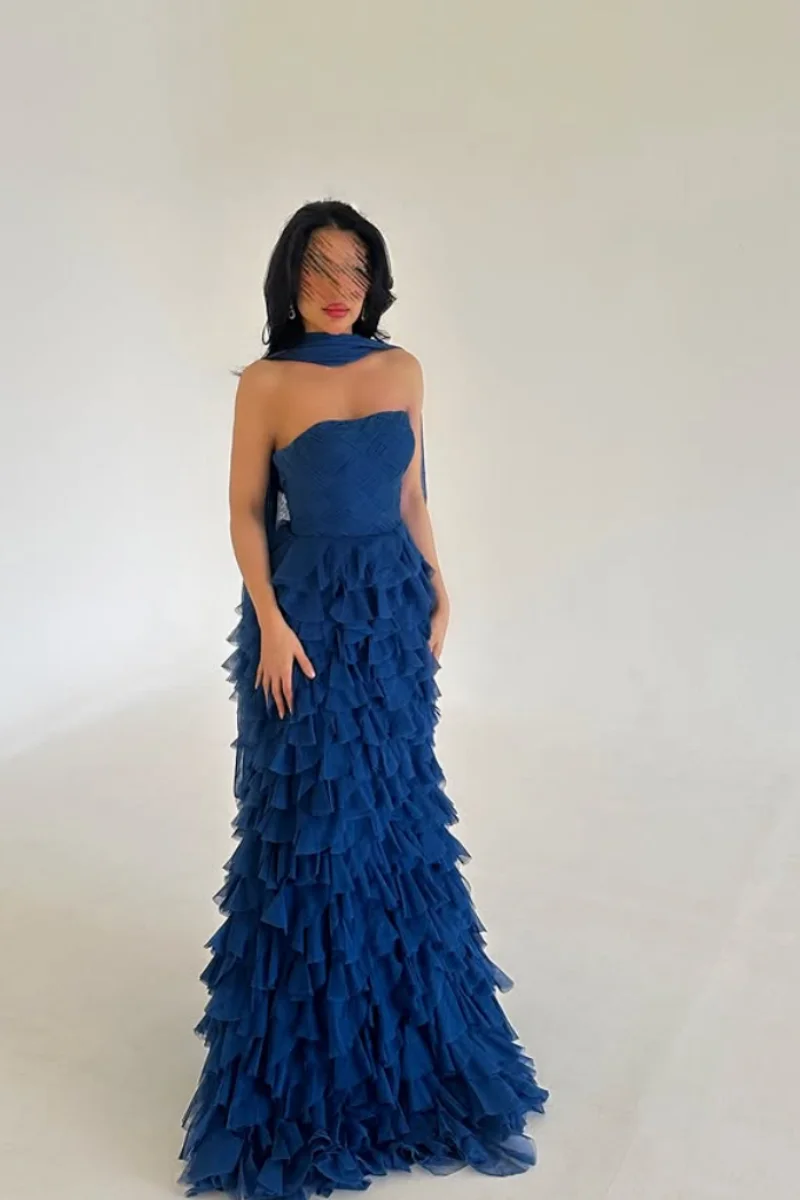 Gaun Malam Jessica Blue Gaun Prom Multi-lapis Sifon Buatan Tangan Gaun Pesta A-line Off-the-shoulder Seksi Dapat Disesuaikan