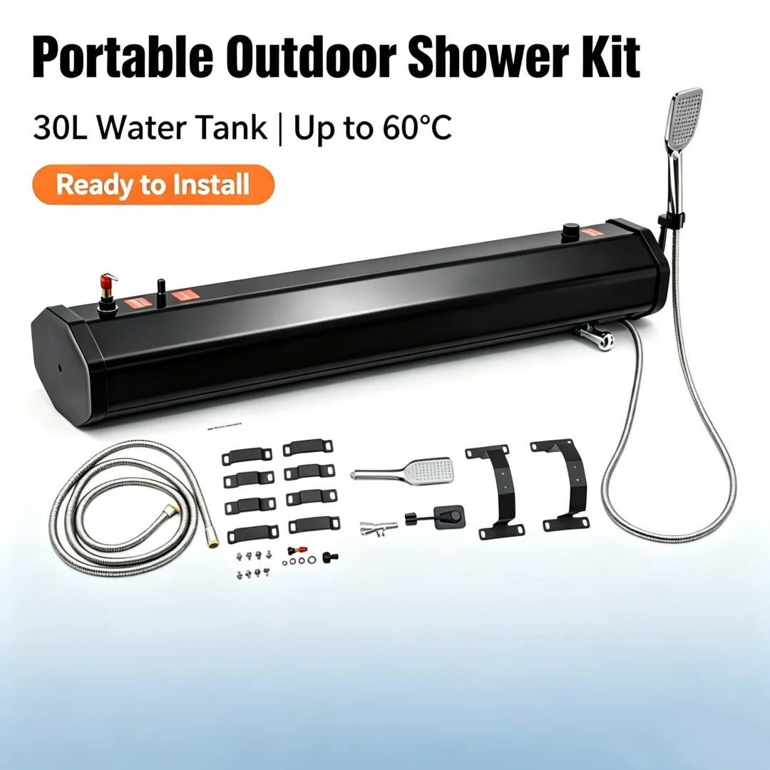 30L Auto-Dachmontierte Dusche PVC-Wassertank ohne Druckpumpe Tragbarer Outdoor-Mobilduschkopf Komplettes Montage-Set für Offroad-Overland-Camper, Wohnmobil, Van-Life, Camping, Roadtrips, Strand- und