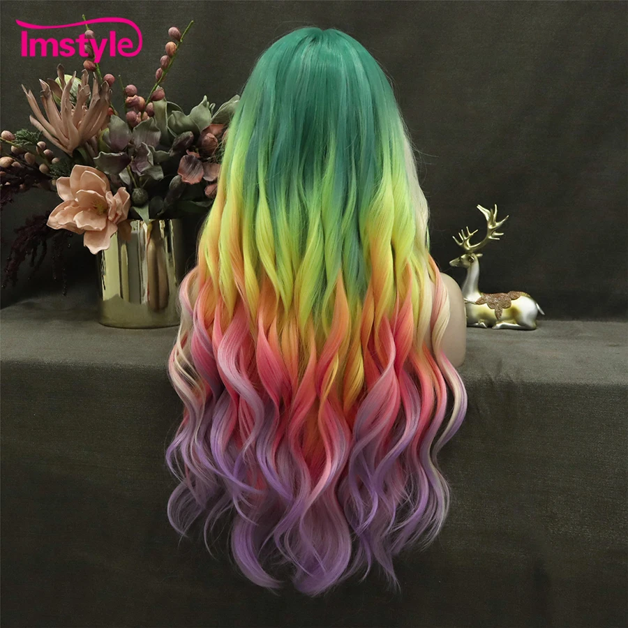 Imstyle-Peluca de cabello sintético con malla frontal para mujer, cabellera larga y ondulada de fibra resistente al calor, Multicolor, parte en T,