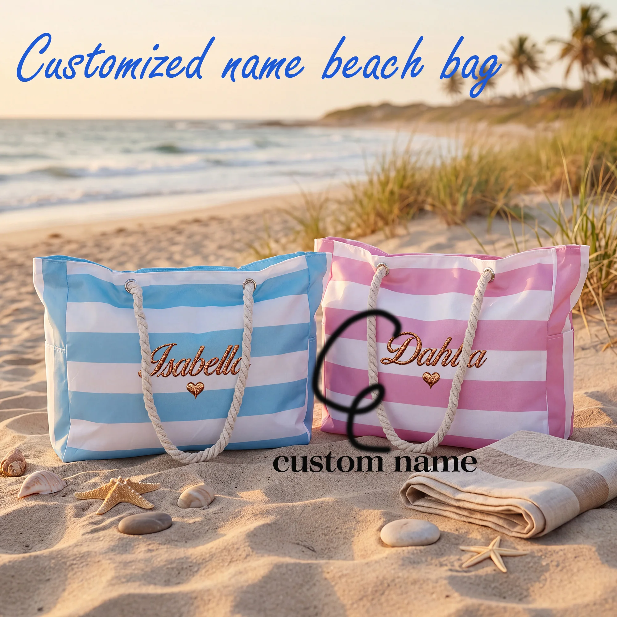 Tote Bag Beach - Personalized Embroidery Striped Canvas Beach Bag,