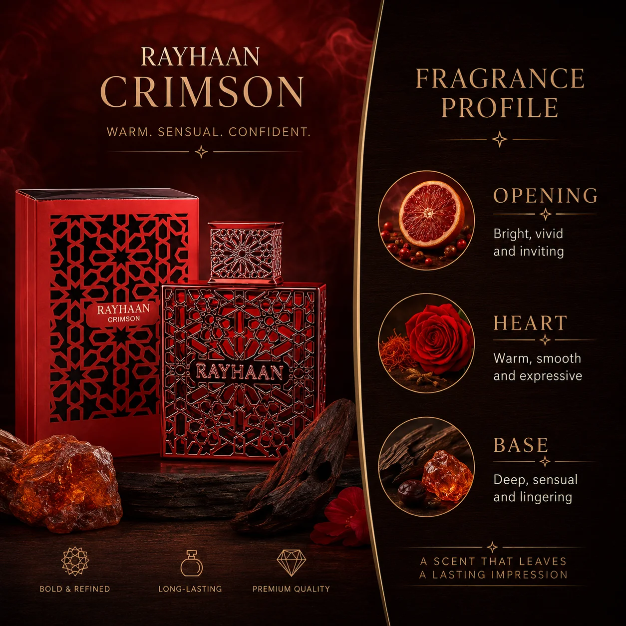 Rayhaan Crimson Red Hollow Carved Geometric Metal Bottle Men Perfume Luxury Arabian Oriental Eau De Toilette Long Lasting Fragrance Mens Cologne Gift Set For Male view 5