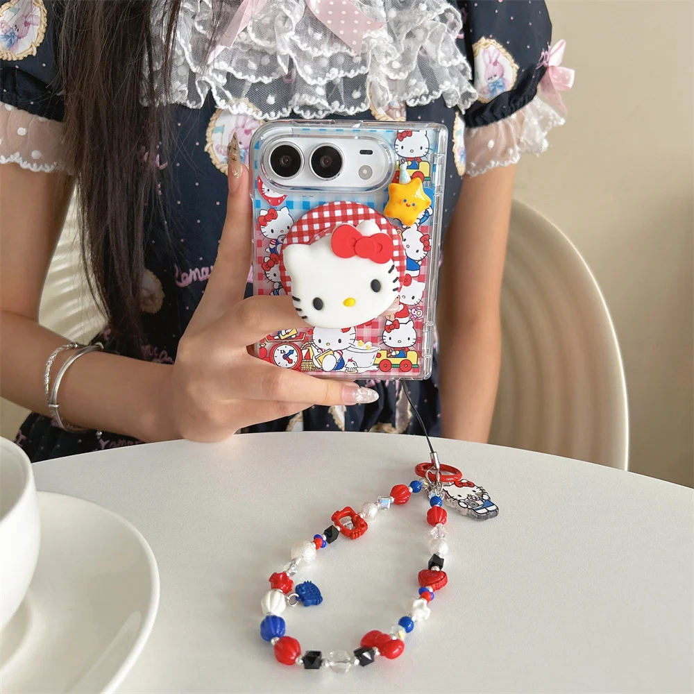Fashion Plaid Cartoon Kitten Magnetic Phone Case For iPhone Duo Cute Shockproof Cover With Magsafe Stand Chain For Apple Duo Cas