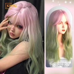 XINFEI Pink Green Long Wavy Women Synthetic Wig with Bangs Lolita Cosplay Fluffy Heat Resistant Wig for Daily Party